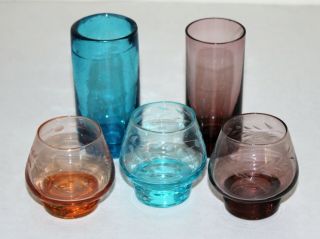 Set Of 5 Misc Vintage Retro Multi - Colored Mini Cordial Liqueur Shot Glasses