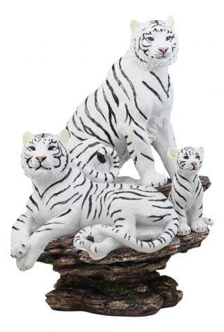 Large 13.  5 " H White Tiger Family On A Rock Statue Wild Animal Figurine Resin
