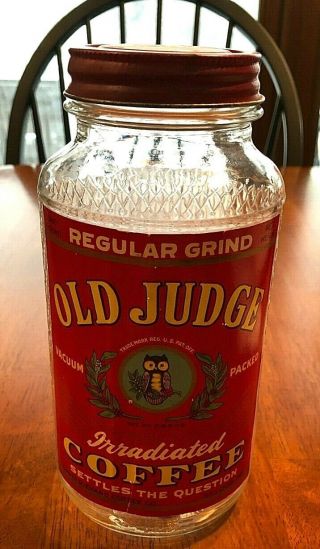 Vintage Old Judge Glass & Tin 1 Lb.  Coffee Jar David Evans St.  Louis Mo.  Owl