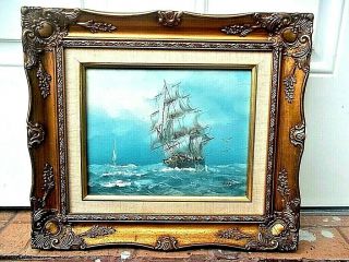 Vintage Maritime Port Oil Painting,  Real Wood Frame,  2
