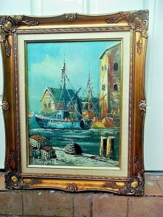 Vintage Maritime Port Oil Painting,  Real Wood Frame