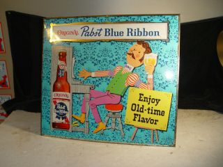 Vintage Pabst Blue Ribbon Beer Advertising Metal Over Cardboard Stand Up Sign