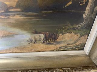 Large Antique American Landscape & Cows Oil Painting 5
