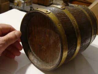 Small Oak Barrel from early drug store brass rings 6 in tapered round 7 in tall 3