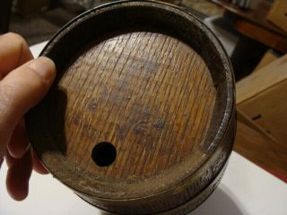 Small Oak Barrel from early drug store brass rings 6 in tapered round 7 in tall 4
