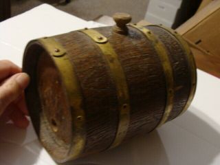 Small Oak Barrel from early drug store brass rings 6 in tapered round 7 in tall 5