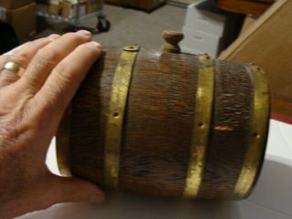 Small Oak Barrel from early drug store brass rings 6 in tapered round 7 in tall 7