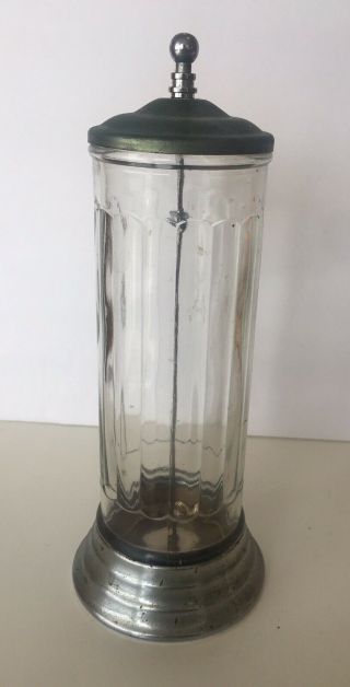 Vintage Heavy Paneled Glass Straw Dispenser W/ Metal Top