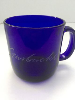 Starbucks Embossed Script Logo Cobalt Blue Glass Coffee Mug Tea Cup 16 Fluid Oz