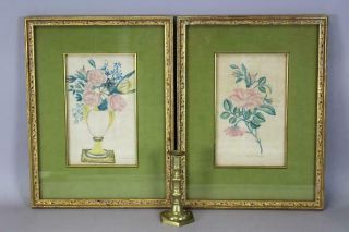 ONE OF A PAIR A SIGNED EARLY 19TH C FOLK ART WATERCOLOR THEOREM OF FLOWERS 2 3