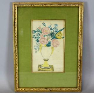 One Of A Pair A Signed Early 19th C Folk Art Watercolor Theorem Of Flowers 1