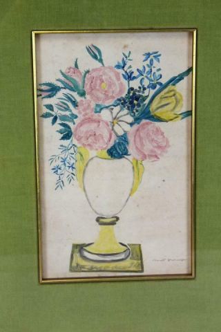 ONE OF A PAIR A SIGNED EARLY 19TH C FOLK ART WATERCOLOR THEOREM OF FLOWERS 1 2