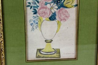 ONE OF A PAIR A SIGNED EARLY 19TH C FOLK ART WATERCOLOR THEOREM OF FLOWERS 1 4