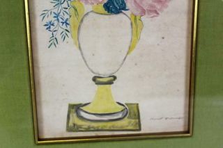 ONE OF A PAIR A SIGNED EARLY 19TH C FOLK ART WATERCOLOR THEOREM OF FLOWERS 1 7