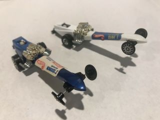 2pc Vintage Hot Wheels Snake & Mongoose Dragster Rail Racing Cars White Blue 3