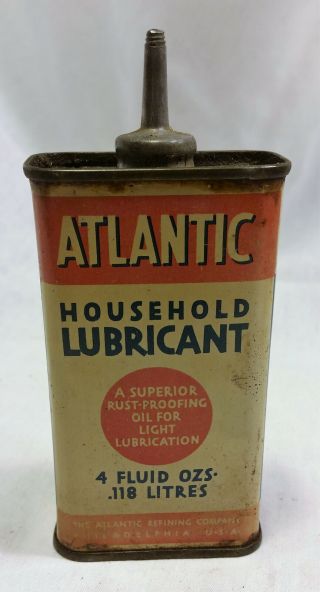 Vintage Atlantic Household Lubricant Handy Oiler Old Advertising Oil Tin Can