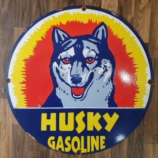 Husky Gasoline Vintage Porcelain Sign 24 Inches Round