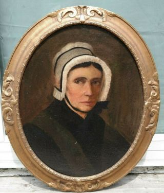 Ca.  1850 Antique 19thc Old Victorian Lady In Bonnet Primitive Portrait Painting