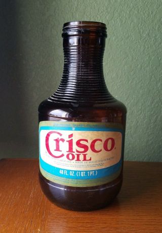 Vintage Crisco Oil Amber Bottle 48oz.  W/ Label