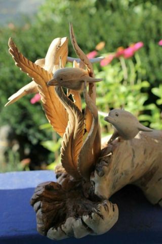 Dolphin Sealife Statue Parasite Mushroom wood carving Sculpture Bali art 3