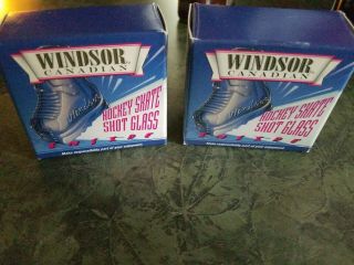 Vintage 2 Windsor Ice Skate Shot Glass Canadian Whiskey Clear