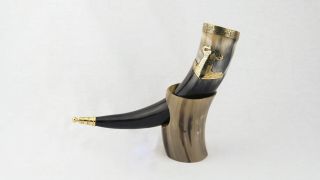 Viking Thor Hammer Cow Horn Drinking Horn With Horn Stand