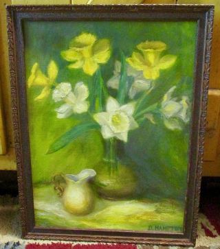 Vintage 1969 Oob In Old Frame Still Life Folky Daffodils Signed Dorothy Hampton
