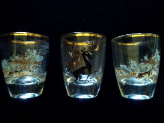 Vintage Gold Rimmed Shot Glasses X 3 - 2 X Hunting Hounds & 1 X Leaping Deer