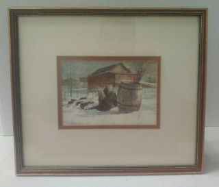 Vintage Signed Marc Moon Aws Watercolor Painting Winter Farm Barn