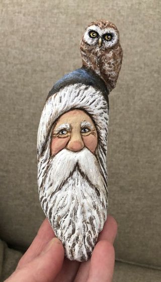 Wood Carved Blue Hat Santa W Owl Ornament Or Wall Lisa Rogers Carving