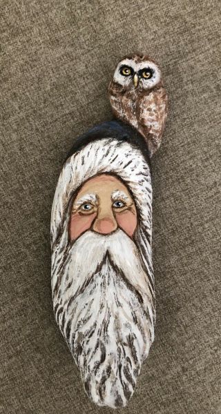 WOOD Carved Blue Hat SANTA W OWL Ornament or Wall Lisa Rogers Carving 2