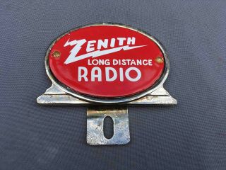 Old Zenith Long Distance Radio Crome Porcelain Advertising License Plate Topper