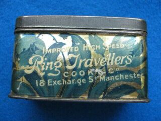 Vintage RING TRAVELERS,  English TIN,  Woman on winged wheel logo 3