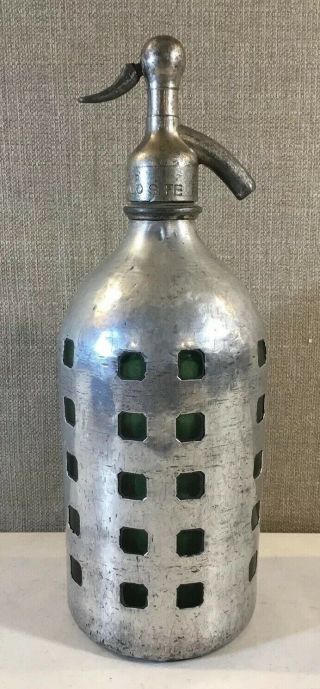 Vintage Antique Metal Green Glass Soda Seltzer Bottle Embossed F106 Argentina
