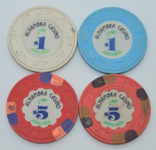 Set Of 4 Alhambra $1 - $5 Casino Chips Oranjestad Aruba H&c Paul - Son Molds