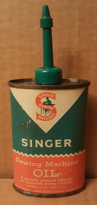 Vintage Antique Singer Sewing Machine Oil 3 Oz Metal Oil Can Green Spout