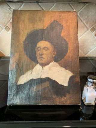 Old Antique Oil Painting Portrait Of A (pilgrim Man Holding Bible) Old Canvas