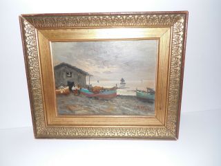 Vintage Framed Signed Italian Seascape Oil Painting On The Board 13 3/8