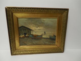 VINTAGE FRAMED SIGNED ITALIAN SEASCAPE OIL PAINTING ON THE BOARD 13 3/8 2