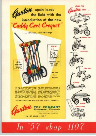 1957 Paper Ad Garton Caddy Cart Toy Croquet Set Kidillac Pedal Car Coaster Wagon
