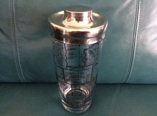 Vintage Glass Cocktail Shaker W/recipes Printed On Glass