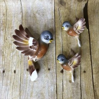 Set Of 3 Blue Bird Wall Decor Happy Cheerful Whimsical Comical Ceramic Vintage