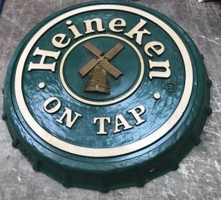 Vintage Heineken Sign On Tap Beer Bottle Cap Sign 19” From 1984.  Made In Usa.