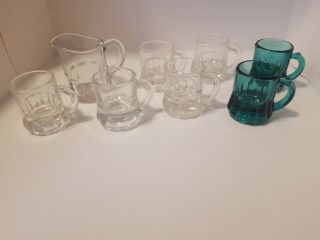 7 Vintage Federal Glass Co.  Mini Handle Beer Mugs Shot Glasses And Mini Pitcher