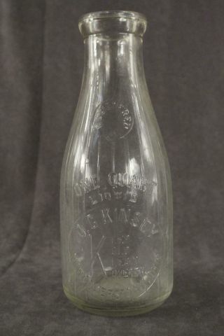Vintage Ribbed Glass Dairy 1952 Milk Bottle Quart Oc Kinsey Newcomers Town Ohio