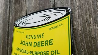 VINTAGE JOHN DEERE PORCELAIN FARM IMPLEMENTS OIL QUART SERVICE STATION PUMP SIGN 2