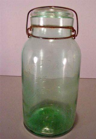 Antique Atlas E - Z Seal Green Half Gal.  Glass Fruit Canning Jar / Clear Lid