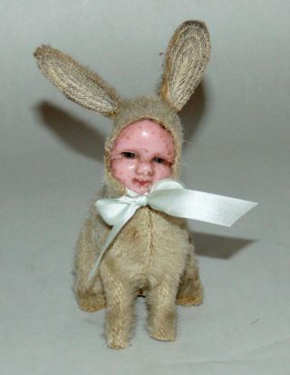 Antique Mohair Rabbit Candy Container Wax Face & Glass Eyes