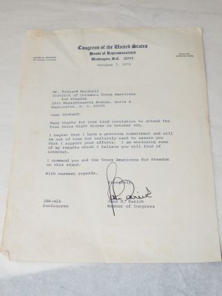 John R.  Rarick U.  S.  Representative Louisiana Signed Letter On Congress Letterhead