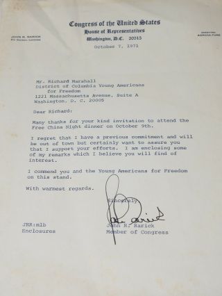 John R.  Rarick U.  S.  Representative Louisiana Signed Letter on Congress Letterhead 2